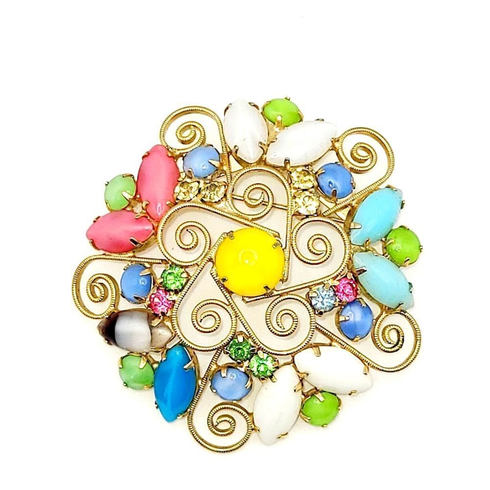 Vintage Filigree Multicolor Goldtone Brooch